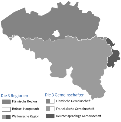 Karte Belgiens mit gekennzeichnete Regionen und Gemeinschaften